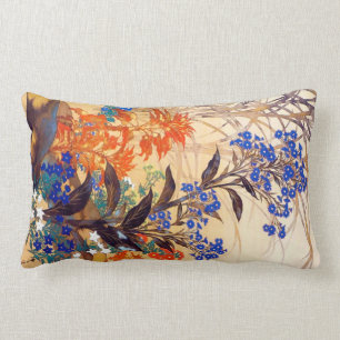 Oriental watercolour vibrant vintage flowers art lumbar cushion