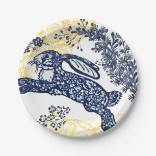 Orierntal Blue White Yellow Rabbit Chinoiserie Paper Plate