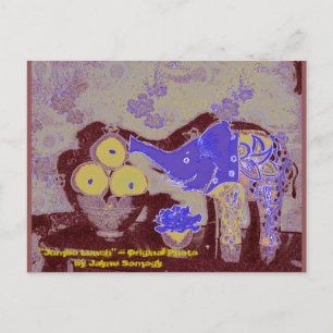 Orig. Photo--Elephant and Apples in Blue & Gold Postcard
