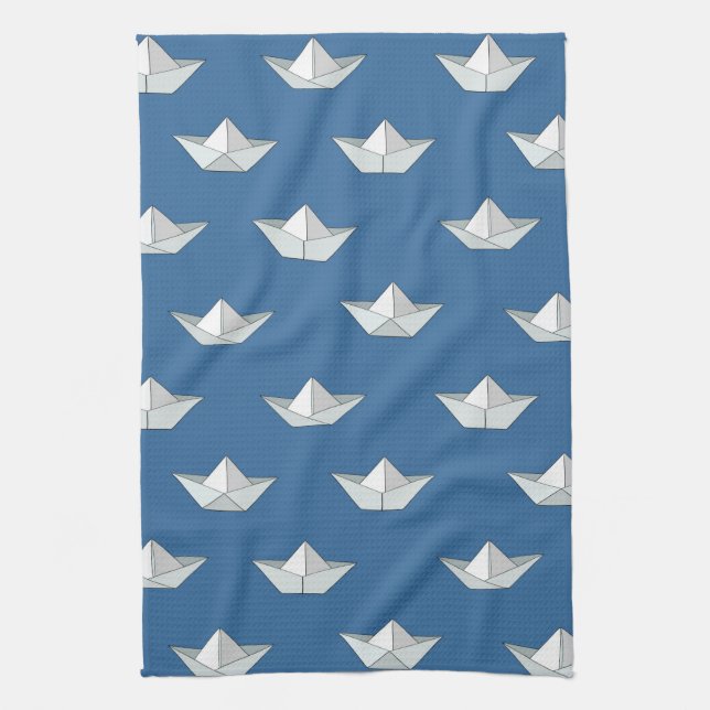Origami Boats On The Water Pattern Tea Towel (Vertical)