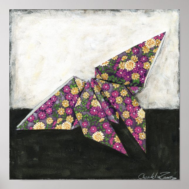Origami Butterfly on Floral Paper Poster (Front)