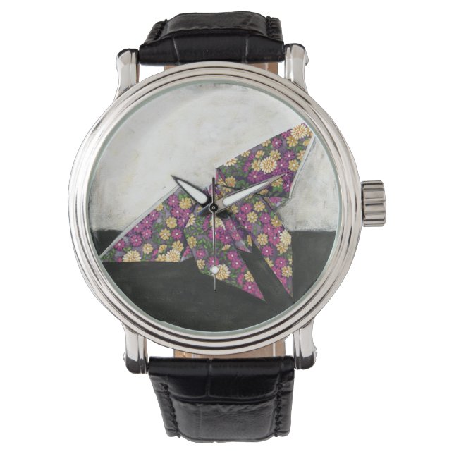 Origami Butterfly on Floral Paper Watch (Front)