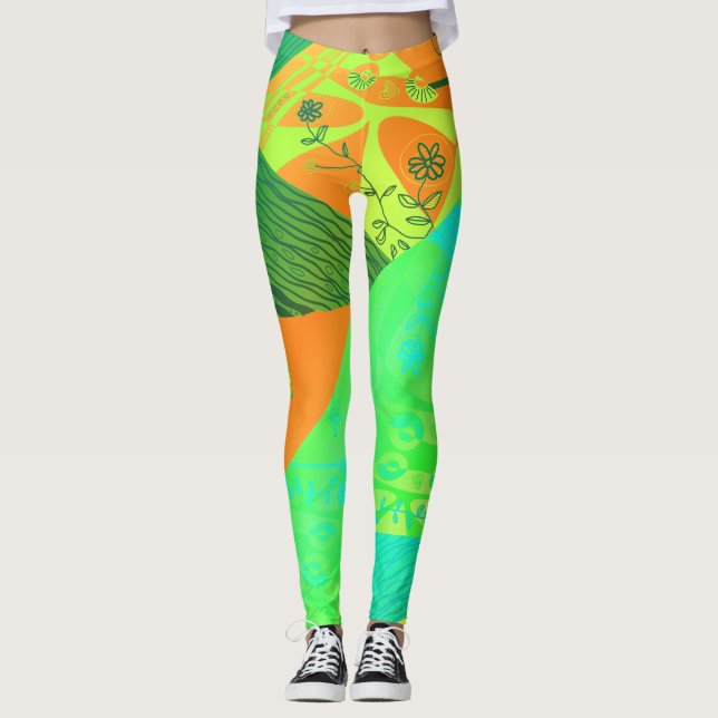 Origami Chintz (L) Orange Yellow Green Blue Grad Leggings (Front)