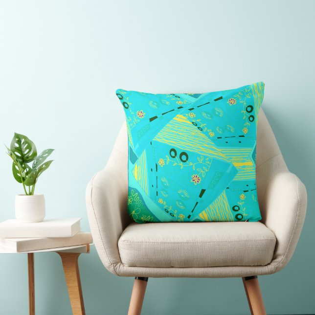 Origami Chintz (L) Turquoise Yellow Teal Cushion (Chair)