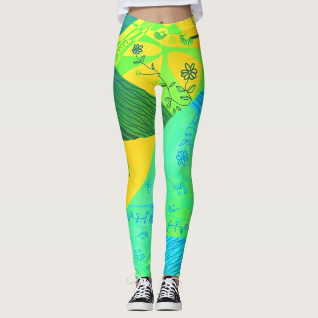 Origami Chintz (L) Yellow Green Blue Grad Leggings (Front)