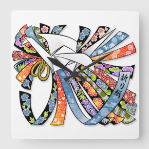 Origami Crane Japanese Paper Good Luck Noshi Square Wall Clock