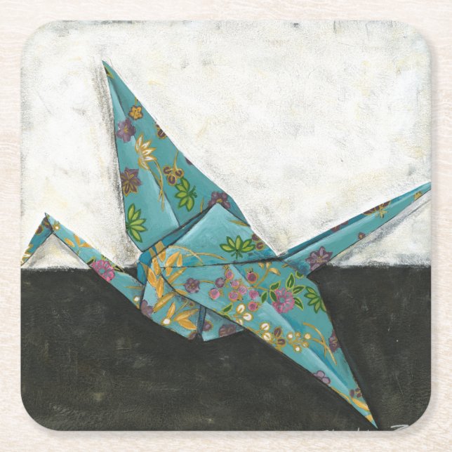 Origami Crane with Floral Designs Square Paper Coaster (Front)