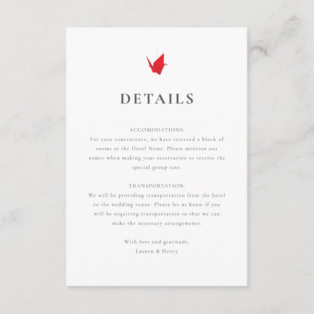 Origami Cranes Wedding Insert (Front)