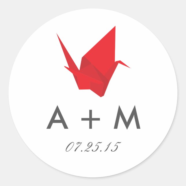 Origami Cranes Wedding Monogram Classic Round Sticker (Front)