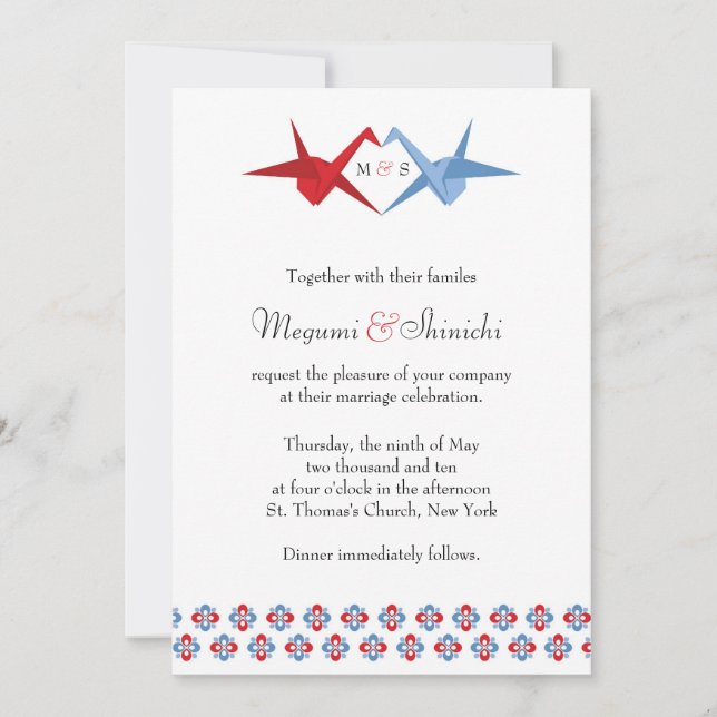 Origami Cranes Wedding (Scarlet + C Blue) Invitation (Front)