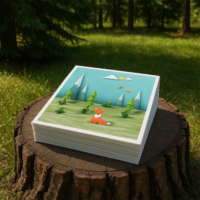 Origami Forest Scene with Fox Mountains and Birds  Napkin (Creator Uploaded)