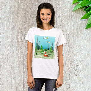 Origami Forest Scene with Fox Mountains and Birds T-Shirt
