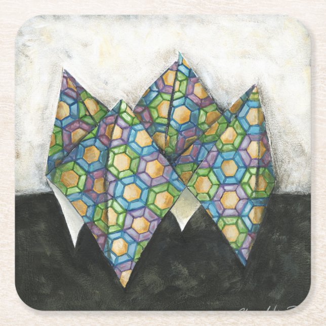 Origami Fortune Teller on Geometric Paper Square Paper Coaster (Front)