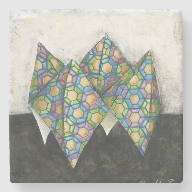 Origami Fortune Teller on Geometric Paper Stone Coaster (Front)