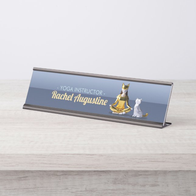 Origami Gold Foil Yoga Meditating Catwoman and Cat Desk Name Plate (Front)