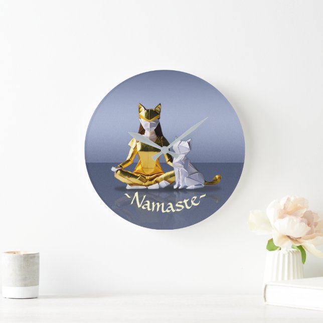 Origami Gold Foil Yoga Meditating Catwoman and Cat Large Clock (Home)