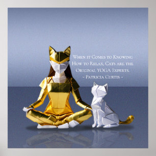 Origami Gold Foil Yoga Meditating Catwoman and Cat Poster