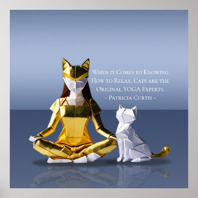 Origami Gold Foil Yoga Meditating Catwoman and Cat Poster (Front)