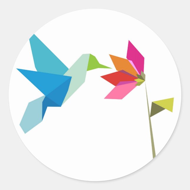 Origami hummingbird and flower classic round sticker (Front)