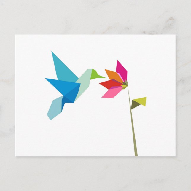 Origami hummingbird and flower postcard (Front)