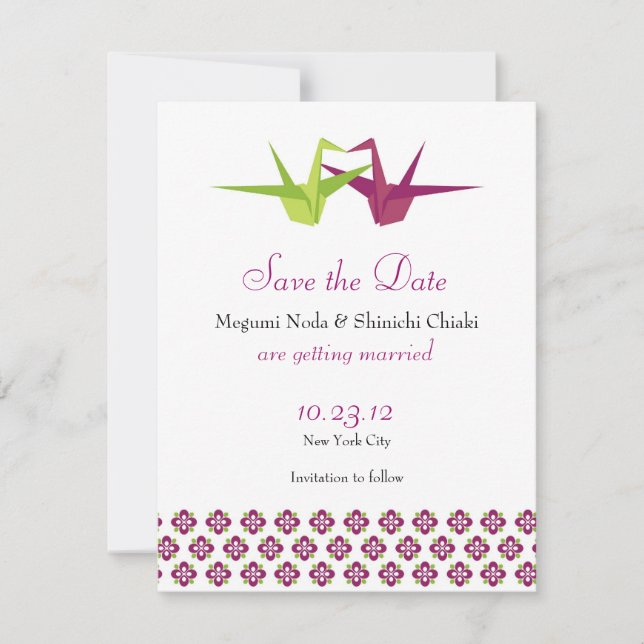 Origami Paper Crane Wedding Save The Date (Front)