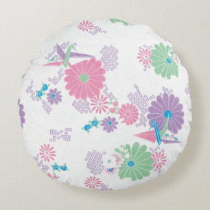 Origami Paper Cranes and Flowers Round Pillow