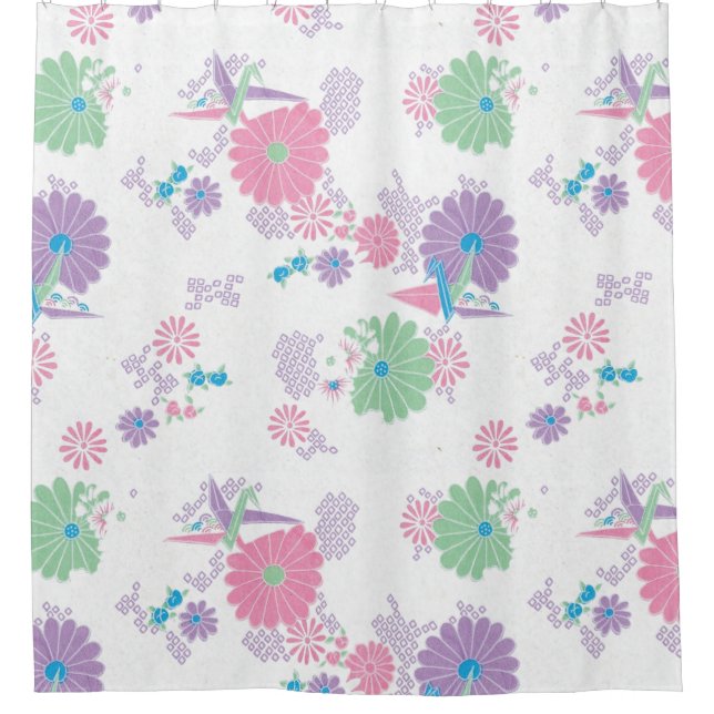 Origami Paper Cranes and Flowers Shower Curtain (Front)