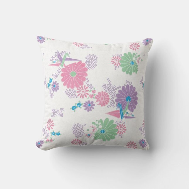 Origami Paper Cranes and Flowers Square Pillow (Front)