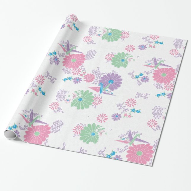Origami Paper Cranes and Flowers Wrapping Paper (Unrolled)