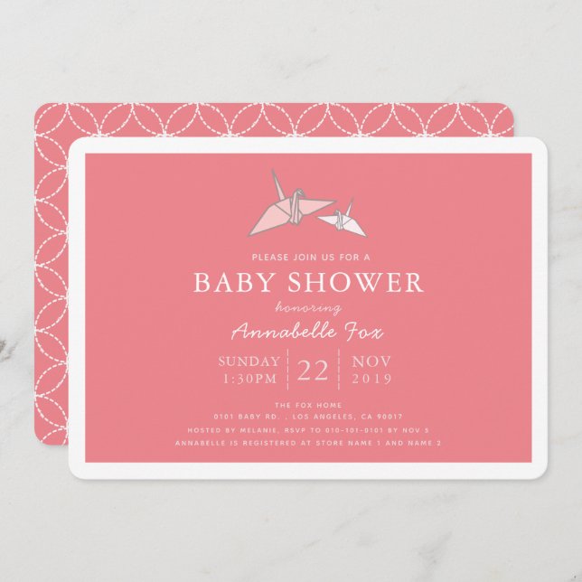 Origami Paper Cranes Pink Baby Shower Invitation (Front/Back)