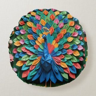 Origami Peacock  Round Cushion