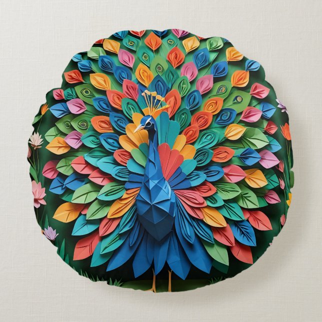 Origami Peacock  Round Cushion (Front)