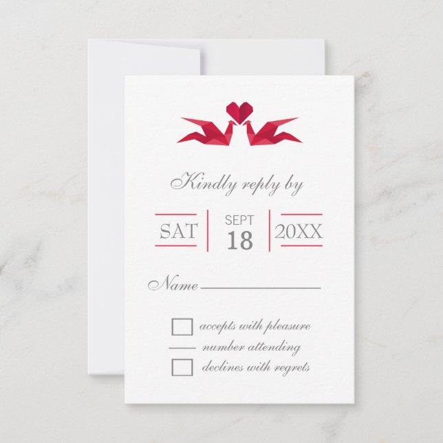 origami red cranes wedding RSVP cards (Front)