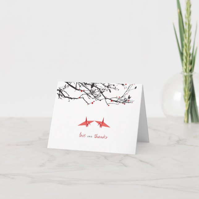 Origami Red Paper Cranes & Branches Photo Wedding Thank You Card (Front)