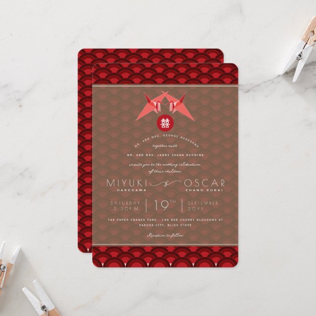 Origami Red Paper Cranes Scallop Asian Wedding Invitation (Front/Back In Situ)