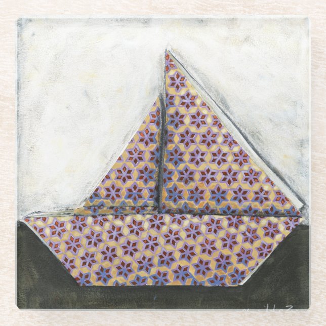 Origami Sailboat on Star Design Paper Glass Coaster (Front)
