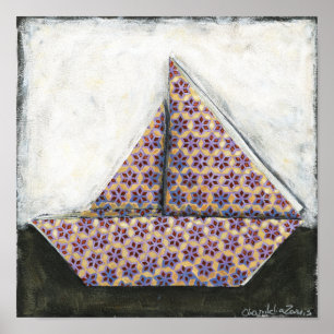 Origami Sailboat on Star Design Paper Poster