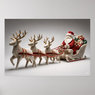 Origami Santa Sleigh with Reindeer Poster