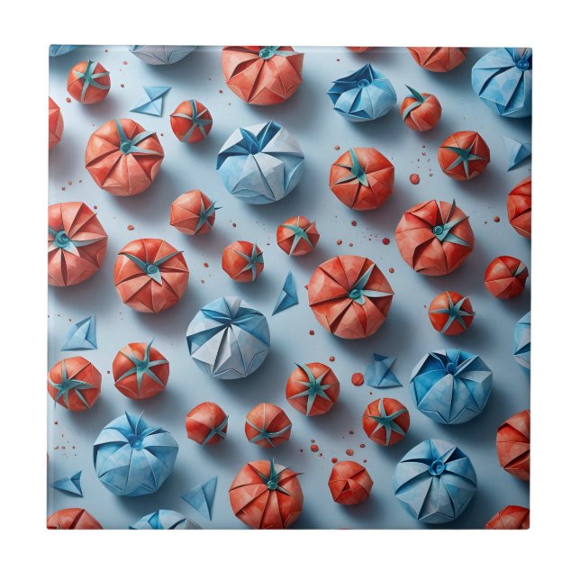 Origami Tomatoes Pattern Red Blue Ceramic Tile (Front)