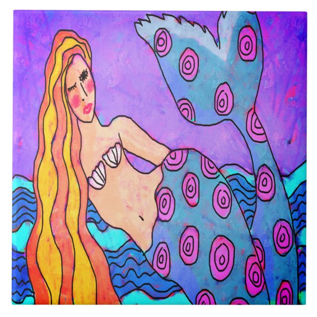 Original Abstract Mermaid Digital Art  Ceramic Tile (Front)