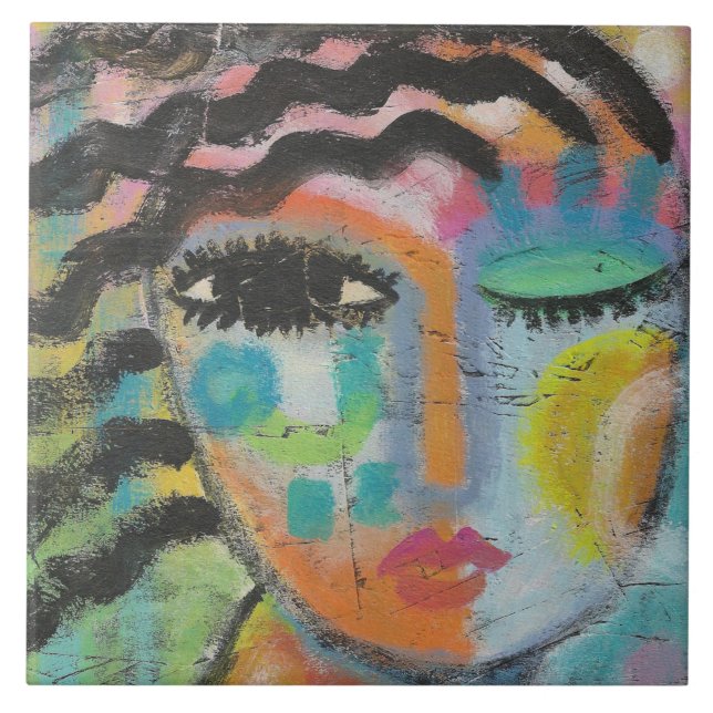 Original Abstract Portrait on OSB Board Ceramic Tile (Front)