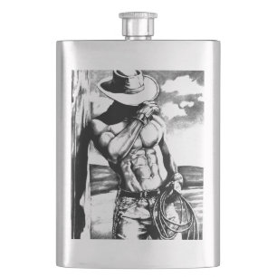 Original Art Cowboy Drawing Cool Classic Hip Flask