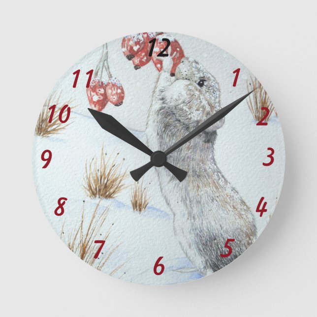 original art cute field mouse snow scene wildlife round clock (Front)