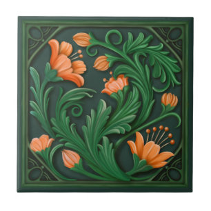 Original Artwork Green and Orange Flowers Ceramic Tile