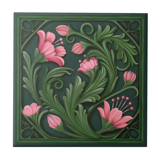 Original Artwork Green and Pink Flowers  Ceramic Tile (Front)
