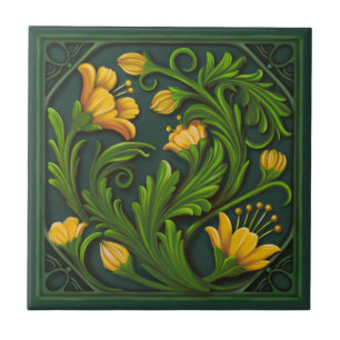 Original Artwork Green and Yellow Flowers Ceramic Tile