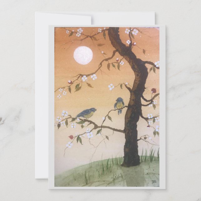 Original Birds Under Moon Art on Blank Card (Front)