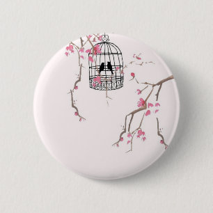 Original cherry blossom birdcage artwork 6 cm round badge