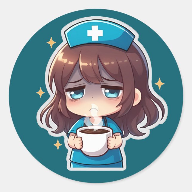 Original Chibi Nurse - Coffee with Tired Classic Round Sticker (Front)