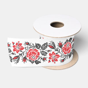 Original cross-stitch red rose flowers pattern satin ribbon